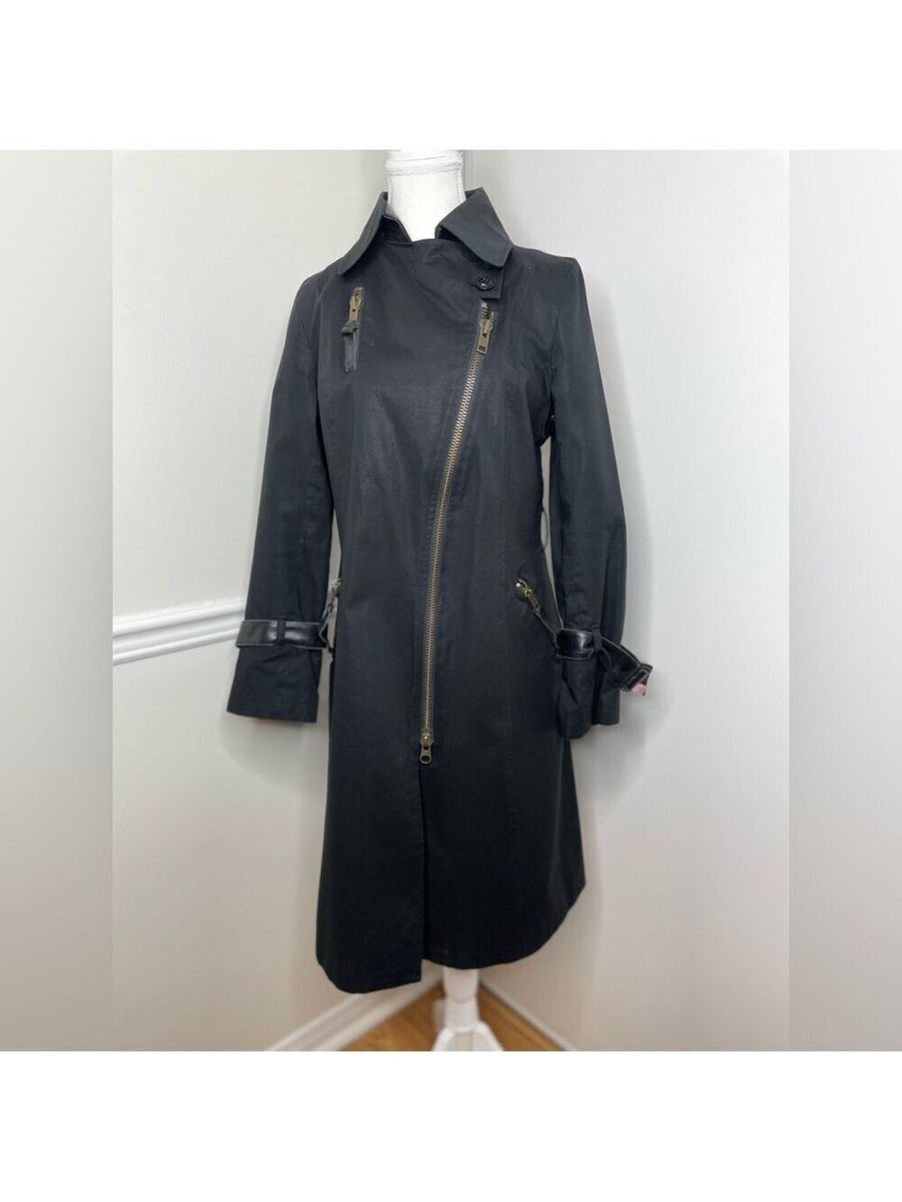 Mackage Asymmetrical Moto Trench Coat with Leather Trim M